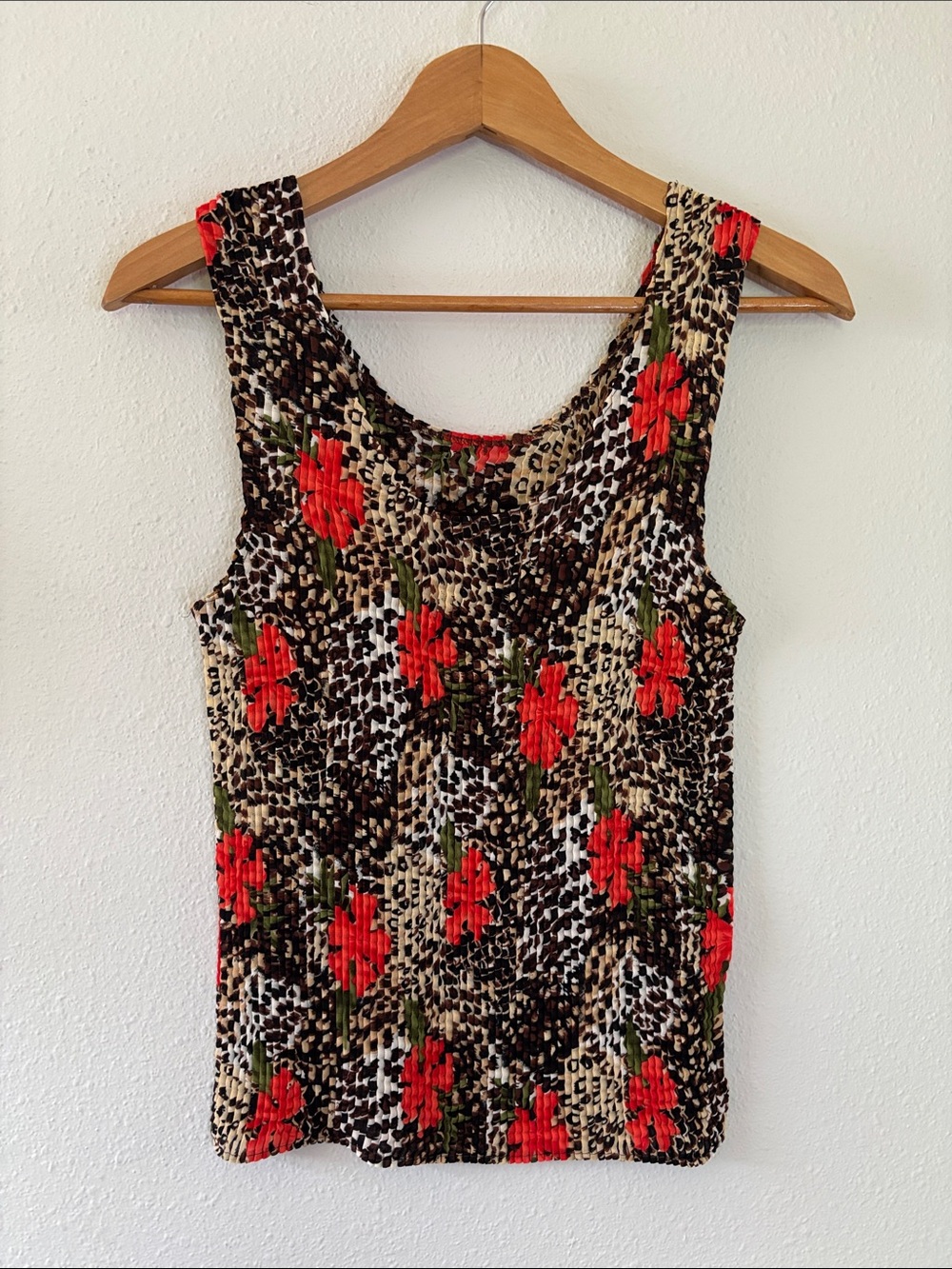 Y2K Floral Leopard Print Crinkle Tank Top Large Animal Print Plisse Textured
